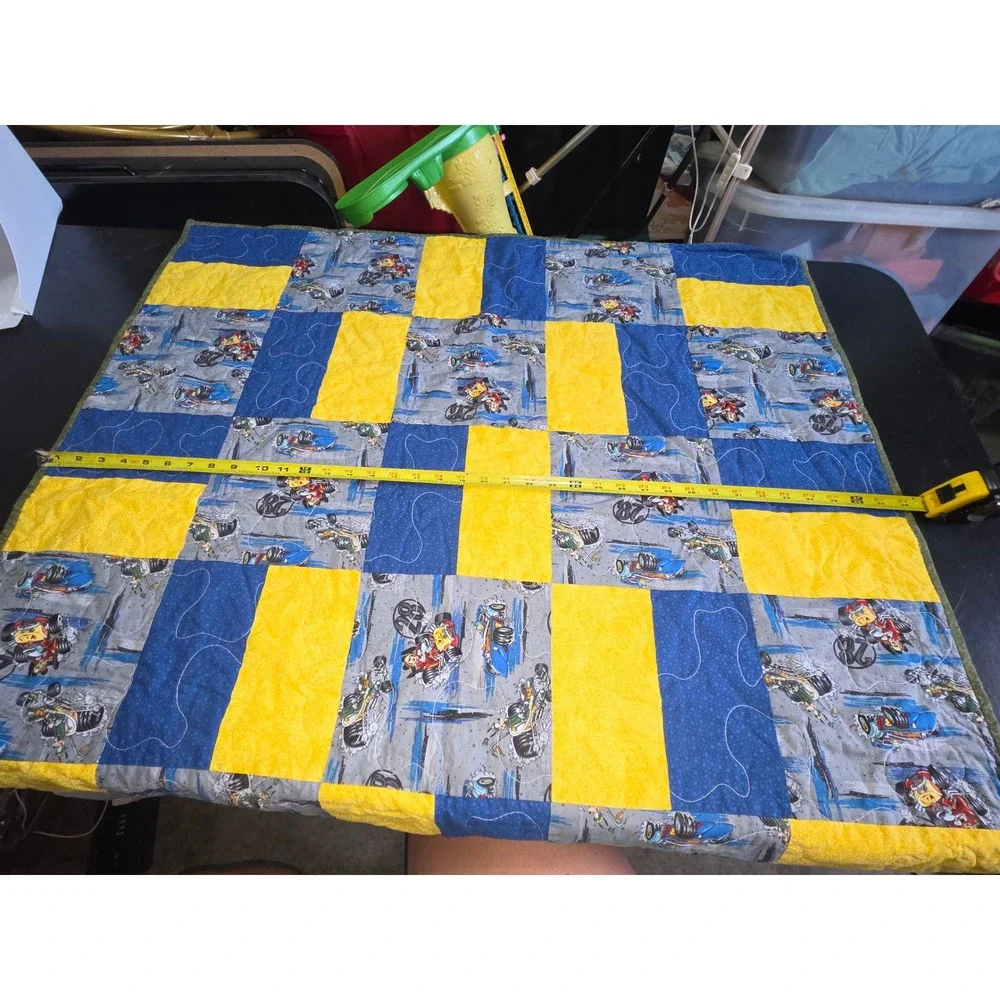 Handmade Disney Mickey Mouse Racing Patchwork Quilt Toddler Blanket 38x38 Blue